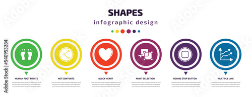 shapes infographic element with icons and 6 step or option. shapes icons such as human foot prints, net contents, black heart, paint selection, round stop button, multiple line vector. can be used