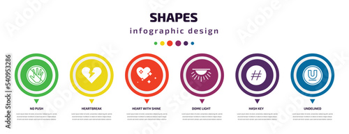 shapes infographic element with icons and 6 step or option. shapes icons such as no push, heartbreak, heart with shine, dome light, hash key, undelined vector. can be used for banner, info graph,