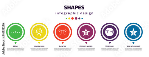 shapes infographic element with icons and 6 step or option. shapes icons such as 5 stars, assembly area, glowplug, star with number five, trademark, star with number four vector. can be used for