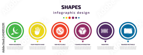 shapes infographic element with icons and 6 step or option. shapes icons such as moon and broom, four finger in hand, non recyclable, y shaped intersection, radiators, rounded rectangle vector. can