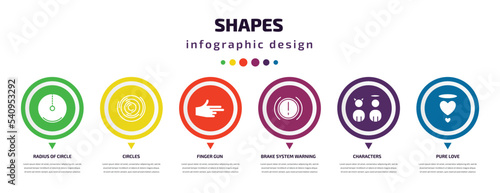 shapes infographic element with icons and 6 step or option. shapes icons such as radius of circle, circles, finger gun, brake system warning, characters, pure love vector. can be used for banner,