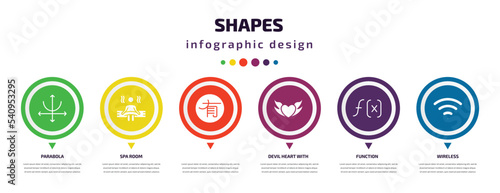 shapes infographic element with icons and 6 step or option. shapes icons such as parabola, spa room, , devil heart with wings, function, wireless vector. can be used for banner, info graph, web,