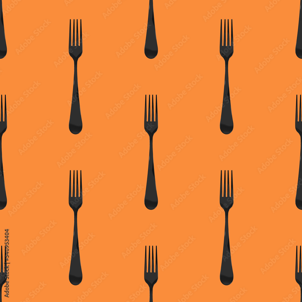Seamless pattern. Fork top view on yellow orang background. Template for applying to surface. Square image. Flat lay. 3D image. 3D rendering. Seamless pattern. Fork top view on yellow orang background. Template for applying to surface. Square image. Flat lay. 3D image. 3D rendering.
