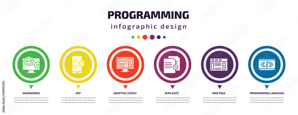 programming infographic element with icons and 6 step or option. programming icons such as engineering, app, adaptive layout, duplicate, web page, programming language vector. can be used for programming infographic element with icons and 6 step or option. programming icons such as engineering, app, adaptive layout, duplicate, web page, programming language vector. can be used for