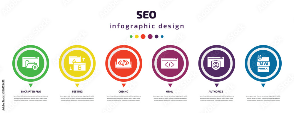 seo infographic element with icons and 6 step or option. seo icons such as encripted file, testing, coding, html, authorize, vector. can be used for banner, info graph, web, presentations. seo infographic element with icons and 6 step or option. seo icons such as encripted file, testing, coding, html, authorize, vector. can be used for banner, info graph, web, presentations.