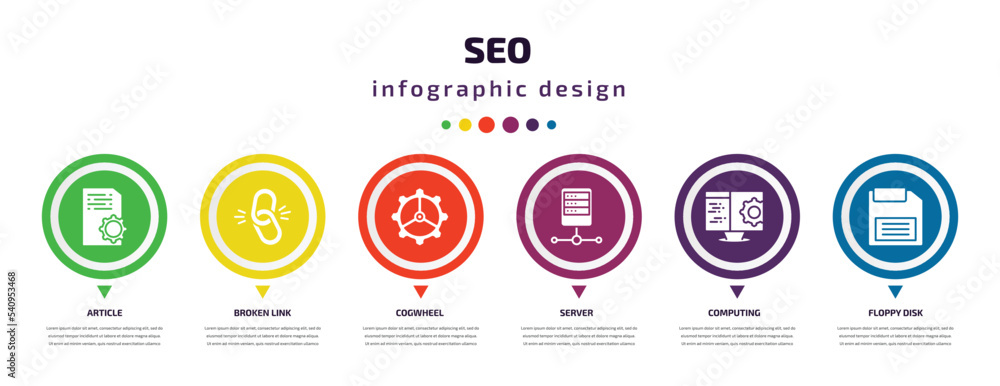 seo infographic element with icons and 6 step or option. seo icons such as article, broken link, cogwheel, server, computing, floppy disk vector. can be used for banner, info graph, web, seo infographic element with icons and 6 step or option. seo icons such as article, broken link, cogwheel, server, computing, floppy disk vector. can be used for banner, info graph, web,