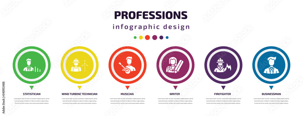 professions infographic element with icons and 6 step or option. professions icons such as statistician, wind turbine technician, musician, writer, firefighter, businessman vector. can be used for professions infographic element with icons and 6 step or option. professions icons such as statistician, wind turbine technician, musician, writer, firefighter, businessman vector. can be used for
