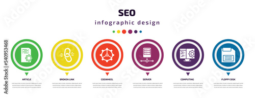 seo infographic element with icons and 6 step or option. seo icons such as article, broken link, cogwheel, server, computing, floppy disk vector. can be used for banner, info graph, web,