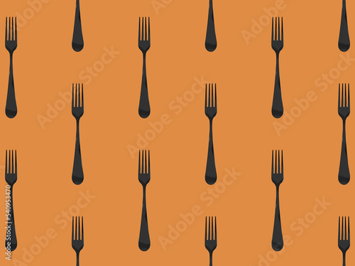 pattern. Fork top view on yellow orang background. Template for applying to surface. Horizontal image. Flat lay. 3D image. 3D rendering.