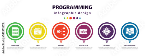 programming infographic element with icons and 6 step or option. programming icons such as binary file, page, sharing, code review, copyright, program error vector. can be used for banner, info
