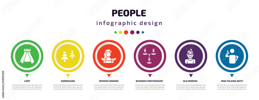 people infographic element with icons and 6 step or option. people icons such as cape, norwegian, spanish woman, business partnership, old woman, man talking with phone vector. can be used for people infographic element with icons and 6 step or option. people icons such as cape, norwegian, spanish woman, business partnership, old woman, man talking with phone vector. can be used for