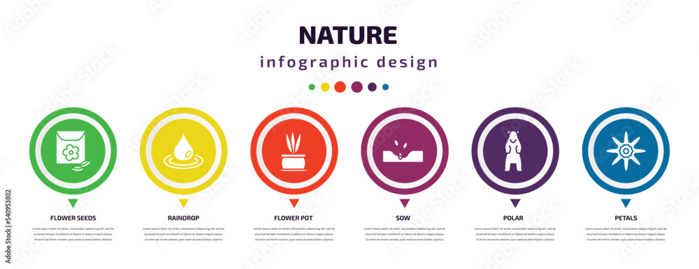 nature infographic element with icons and 6 step or option. nature icons such as flower seeds, raindrop, flower pot, sow, polar, petals vector. can be used for banner, info graph, web, nature infographic element with icons and 6 step or option. nature icons such as flower seeds, raindrop, flower pot, sow, polar, petals vector. can be used for banner, info graph, web,