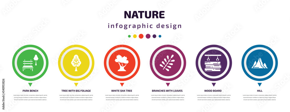 nature infographic element with icons and 6 step or option. nature icons such as park bench, tree with big foliage, white oak tree, branches with leaves, wood board, hill vector. can be used for nature infographic element with icons and 6 step or option. nature icons such as park bench, tree with big foliage, white oak tree, branches with leaves, wood board, hill vector. can be used for