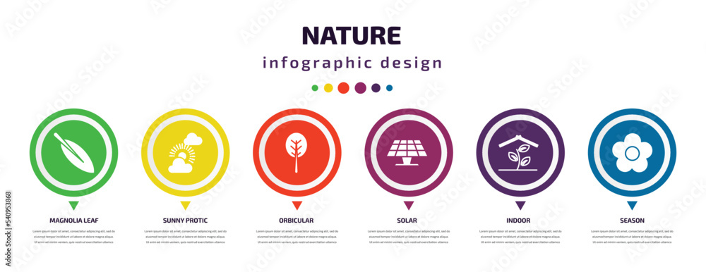 nature infographic element with icons and 6 step or option. nature icons such as magnolia leaf, sunny protic, orbicular, solar, indoor, season vector. can be used for banner, info graph, web, nature infographic element with icons and 6 step or option. nature icons such as magnolia leaf, sunny protic, orbicular, solar, indoor, season vector. can be used for banner, info graph, web,