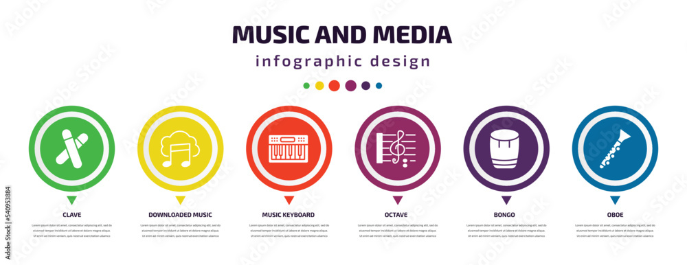 music and media infographic element with icons and 6 step or option. music and media icons such as clave, downloaded music cloud, keyboard, octave, bongo, oboe vector. can be used for banner, info music and media infographic element with icons and 6 step or option. music and media icons such as clave, downloaded music cloud, keyboard, octave, bongo, oboe vector. can be used for banner, info