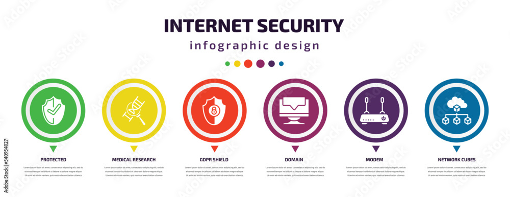 internet security infographic element with icons and 6 step or option. internet security icons such as protected, medical research, gdpr shield, domain, modem, network cubes vector. can be used for internet security infographic element with icons and 6 step or option. internet security icons such as protected, medical research, gdpr shield, domain, modem, network cubes vector. can be used for