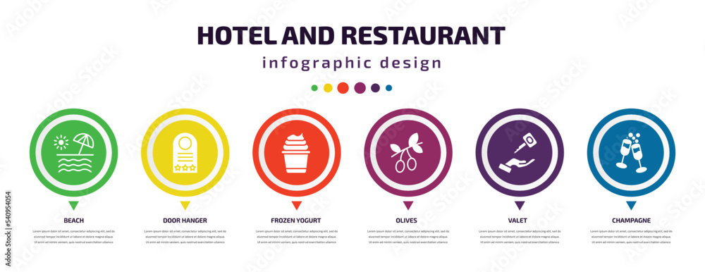 hotel and restaurant infographic element with icons and 6 step or option. hotel and restaurant icons such as beach, door hanger, frozen yogurt, olives, valet, champagne vector. can be used for hotel and restaurant infographic element with icons and 6 step or option. hotel and restaurant icons such as beach, door hanger, frozen yogurt, olives, valet, champagne vector. can be used for
