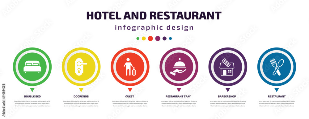 hotel and restaurant infographic element with icons and 6 step or option. hotel and restaurant icons such as double bed, doorknob, guest, restaurant tray, barbershop, vector. can be used for banner, hotel and restaurant infographic element with icons and 6 step or option. hotel and restaurant icons such as double bed, doorknob, guest, restaurant tray, barbershop, vector. can be used for banner,
