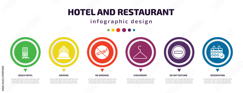 hotel and restaurant infographic element with icons and 6 step or option. hotel and restaurant icons such as beach hotel, napkins, no smoking, checkroom, do not disturb, reservation vector. can be hotel and restaurant infographic element with icons and 6 step or option. hotel and restaurant icons such as beach hotel, napkins, no smoking, checkroom, do not disturb, reservation vector. can be