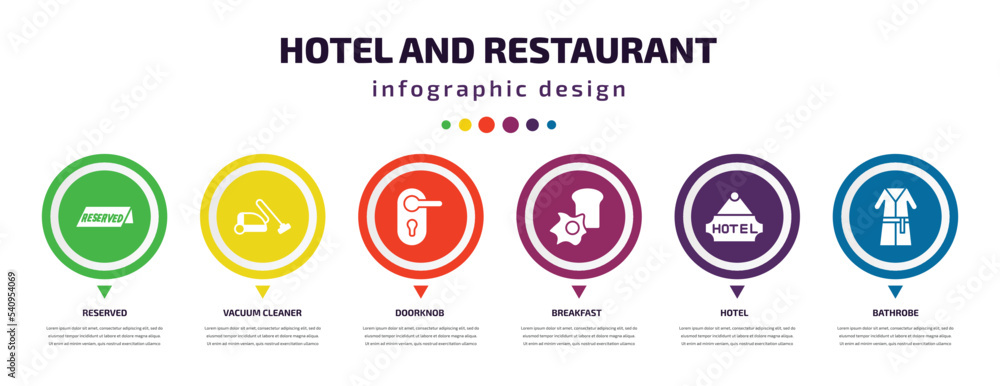 hotel and restaurant infographic element with icons and 6 step or option. hotel and restaurant icons such as reserved, vacuum cleaner, doorknob, breakfast, hotel, bathrobe vector. can be used for hotel and restaurant infographic element with icons and 6 step or option. hotel and restaurant icons such as reserved, vacuum cleaner, doorknob, breakfast, hotel, bathrobe vector. can be used for
