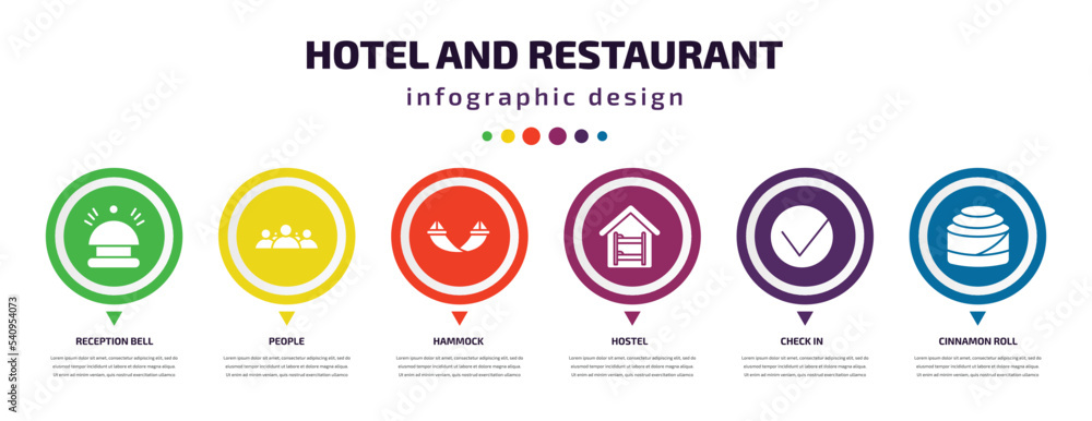 hotel and restaurant infographic element with icons and 6 step or option. hotel and restaurant icons such as reception bell, people, hammock, hostel, check in, cinnamon roll vector. can be used for hotel and restaurant infographic element with icons and 6 step or option. hotel and restaurant icons such as reception bell, people, hammock, hostel, check in, cinnamon roll vector. can be used for