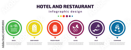 hotel and restaurant infographic element with icons and 6 step or option. hotel and restaurant icons such as beach, door hanger, frozen yogurt, olives, valet, champagne vector. can be used for
