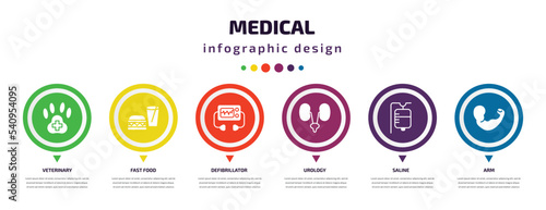 medical infographic element with icons and 6 step or option. medical icons such as veterinary, fast food, defibrillator, urology, saline, arm vector. can be used for banner, info graph, web,