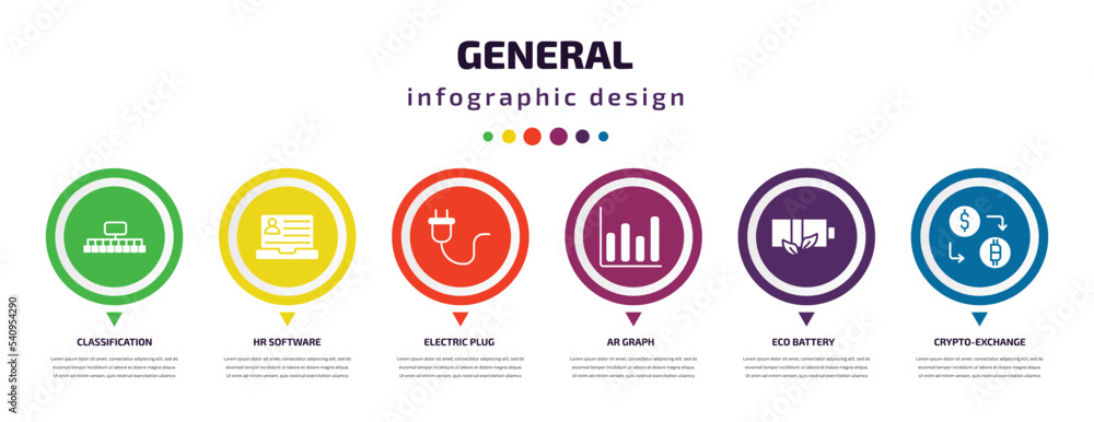 general infographic element with icons and 6 step or option. general icons such as classification, hr software, electric plug, ar graph, eco battery, crypto-exchange vector. can be used for banner, general infographic element with icons and 6 step or option. general icons such as classification, hr software, electric plug, ar graph, eco battery, crypto-exchange vector. can be used for banner,