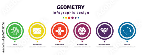 geometry infographic element with icons and 6 step or option. geometry icons such as spiral, background, intersection, metatron cube, polygonal jewel, reverse vector. can be used for banner, info