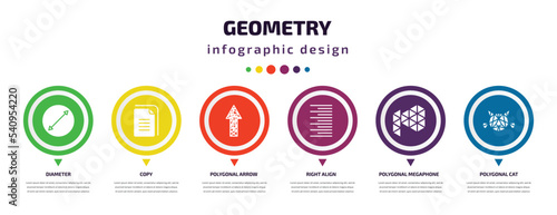 geometry infographic element with icons and 6 step or option. geometry icons such as diameter, copy, polygonal arrow up, right align, polygonal megaphone, polygonal cat vector. can be used for
