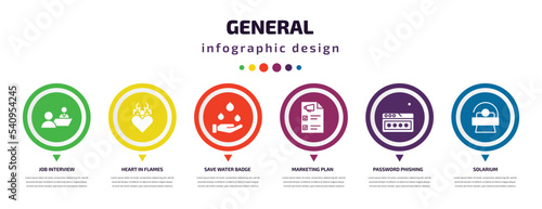 general infographic element with icons and 6 step or option. general icons such as job interview, heart in flames, save water badge, marketing plan, password phishing, solarium vector. can be used