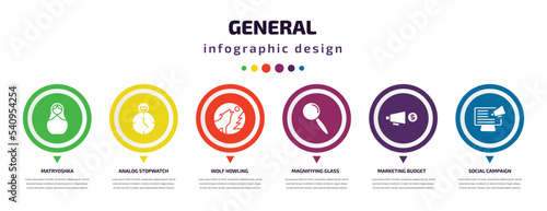 general infographic element with icons and 6 step or option. general icons such as matryoshka, analog stopwatch, wolf howling, magnifiying glass, marketing budget, social campaign vector. can be