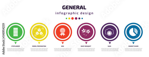 general infographic element with icons and 6 step or option. general icons such as stepladder, model preparation, win, daisy bouquet, saas, market share vector. can be used for banner, info graph,