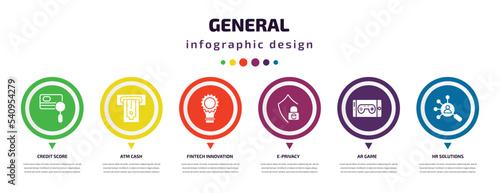 general infographic element with icons and 6 step or option. general icons such as credit score, atm cash, fintech innovation, e-privacy, ar game, hr solutions vector. can be used for banner, info