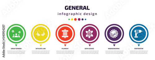 general infographic element with icons and 6 step or option. general icons such as group opinion, affiliate link, filament, data science, bioengineering, perforator vector. can be used for banner,