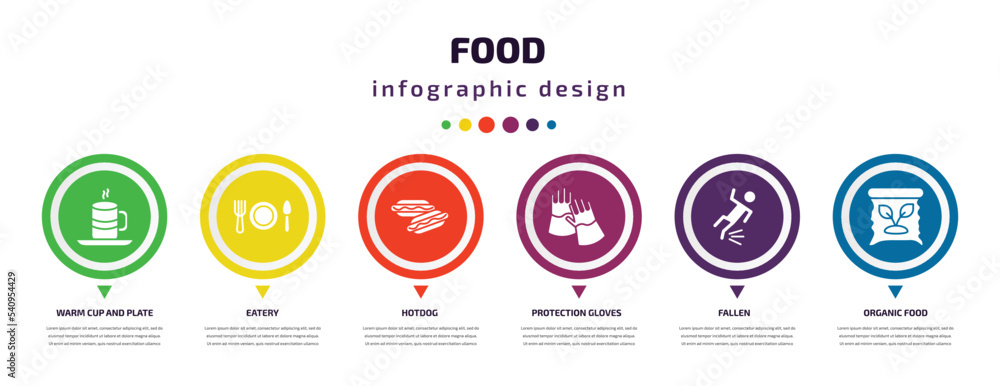 food infographic element with icons and 6 step or option. food icons such as warm cup and plate, eatery, hotdog, protection gloves, fallen, organic food vector. can be used for banner, info graph, food infographic element with icons and 6 step or option. food icons such as warm cup and plate, eatery, hotdog, protection gloves, fallen, organic food vector. can be used for banner, info graph,