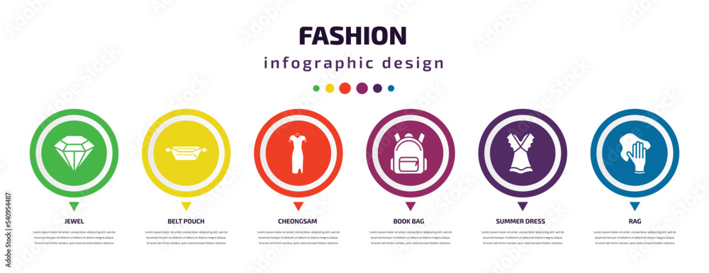 fashion infographic element with icons and 6 step or option. fashion icons such as jewel, belt pouch, cheongsam, book bag, summer dress, rag vector. can be used for banner, info graph, web, fashion infographic element with icons and 6 step or option. fashion icons such as jewel, belt pouch, cheongsam, book bag, summer dress, rag vector. can be used for banner, info graph, web,