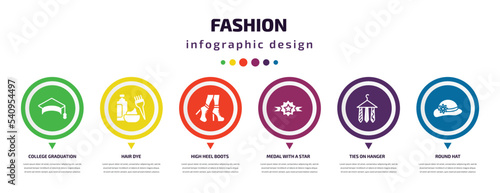 fashion infographic element with icons and 6 step or option. fashion icons such as college graduation cap, hair dye, high heel boots, medal with a star, ties on hanger, round hat vector. can be used
