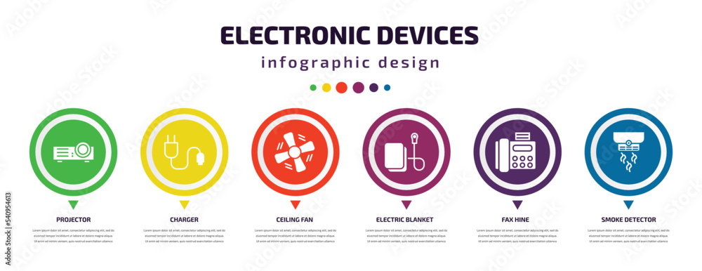 electronic devices infographic element with icons and 6 step or option. electronic devices icons such as projector, charger, ceiling fan, electric blanket, fax hine, smoke detector vector. can be electronic devices infographic element with icons and 6 step or option. electronic devices icons such as projector, charger, ceiling fan, electric blanket, fax hine, smoke detector vector. can be