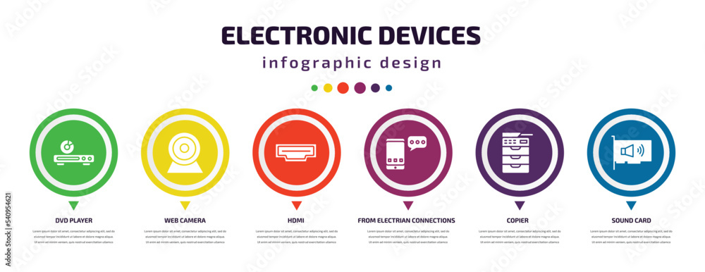 electronic devices infographic element with icons and 6 step or option. electronic devices icons such as dvd player, web camera, hdmi, from electrian connections collection. filled sms, electronic devices infographic element with icons and 6 step or option. electronic devices icons such as dvd player, web camera, hdmi, from electrian connections collection. filled sms,