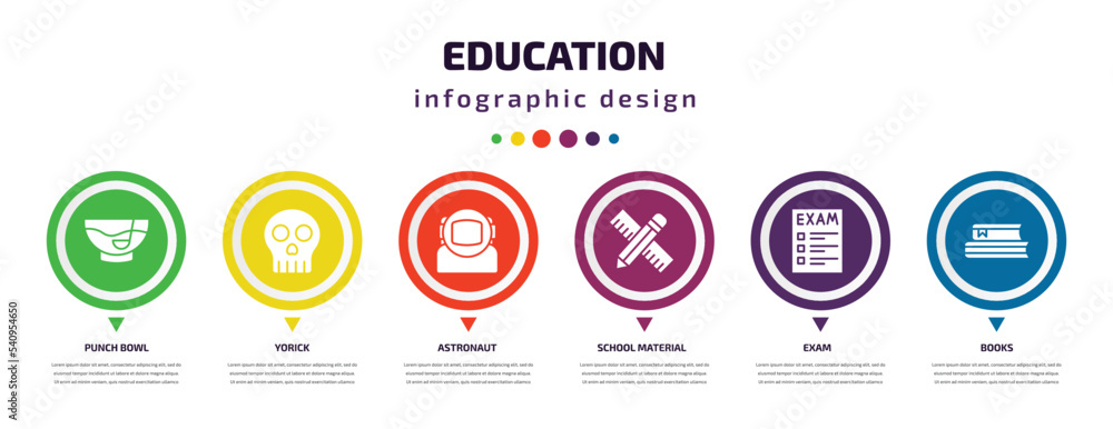 education infographic element with icons and 6 step or option. education icons such as punch bowl, yorick, astronaut, school material, exam, books vector. can be used for banner, info graph, web, education infographic element with icons and 6 step or option. education icons such as punch bowl, yorick, astronaut, school material, exam, books vector. can be used for banner, info graph, web,
