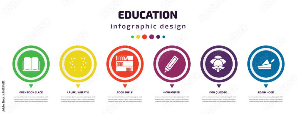 education infographic element with icons and 6 step or option. education icons such as open book black cover, laurel wreath, book shelf, highlighter, don quixote, robin hood vector. can be used for education infographic element with icons and 6 step or option. education icons such as open book black cover, laurel wreath, book shelf, highlighter, don quixote, robin hood vector. can be used for