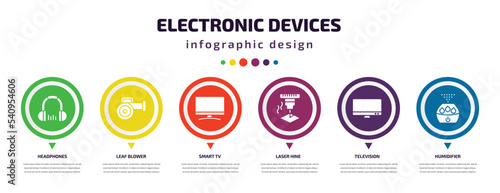 electronic devices infographic element with icons and 6 step or option. electronic devices icons such as headphones, leaf blower, smart tv, laser hine, television, humidifier vector. can be used for