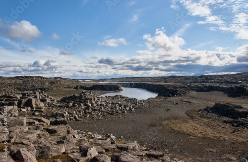 Landscape with volcanic rocks at Selfoss waterfall, Northern Iceland, Europe.