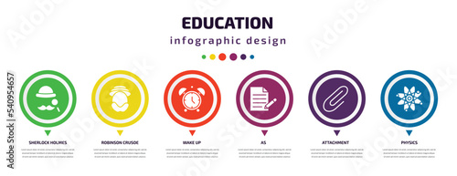 education infographic element with icons and 6 step or option. education icons such as sherlock holmes, robinson crusoe, wake up, as, attachment, physics vector. can be used for banner, info graph,