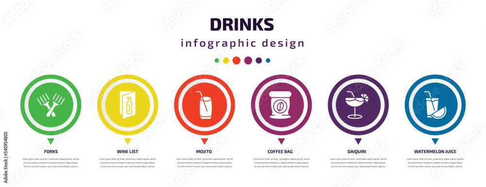 drinks infographic element with icons and 6 step or option. drinks icons such as forks, wine list, mojito, coffee bag, daiquiri, watermelon juice vector. can be used for banner, info graph, web, drinks infographic element with icons and 6 step or option. drinks icons such as forks, wine list, mojito, coffee bag, daiquiri, watermelon juice vector. can be used for banner, info graph, web,