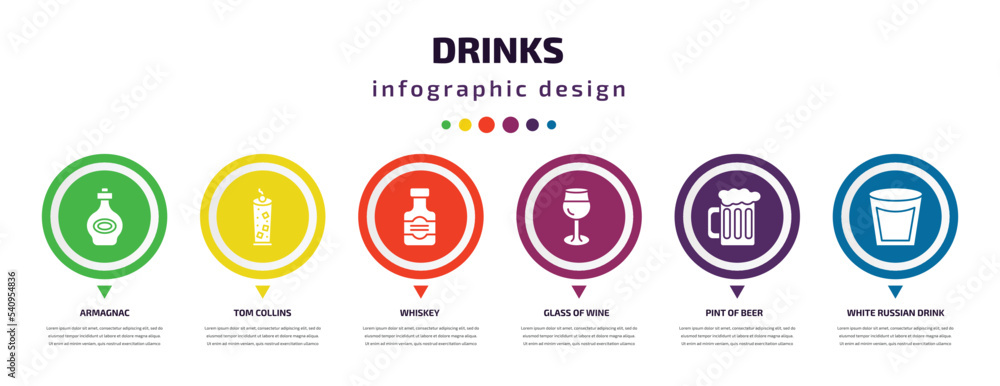 drinks infographic element with icons and 6 step or option. drinks icons such as armagnac, tom collins, whiskey, glass of wine, pint of beer, white russian drink vector. can be used for banner, info drinks infographic element with icons and 6 step or option. drinks icons such as armagnac, tom collins, whiskey, glass of wine, pint of beer, white russian drink vector. can be used for banner, info