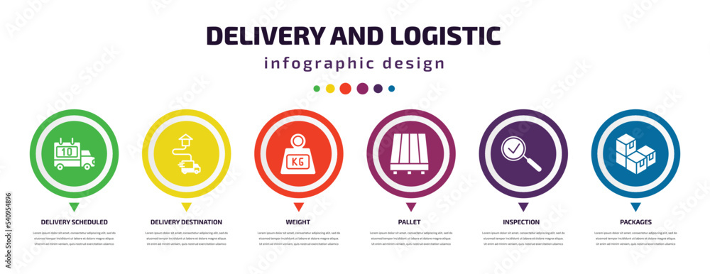 delivery and logistic infographic element with icons and 6 step or option. delivery and logistic icons such as delivery scheduled, destination, weight, pallet, inspection, packages vector. can be delivery and logistic infographic element with icons and 6 step or option. delivery and logistic icons such as delivery scheduled, destination, weight, pallet, inspection, packages vector. can be