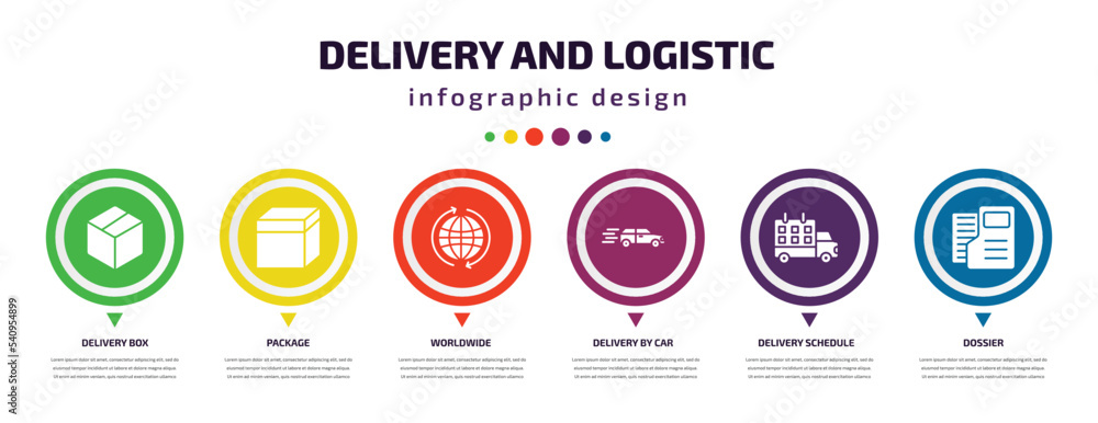 delivery and logistic infographic element with icons and 6 step or option. delivery and logistic icons such as delivery box, package, worldwide, by car, schedule, dossier vector. can be used for