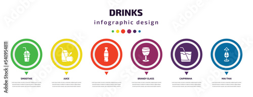 drinks infographic element with icons and 6 step or option. drinks icons such as smoothie, juice, , brandy glass, caipirinha, mai thai vector. can be used for banner, info graph, web,